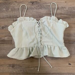 PAPAYA Green Gingham Lace Up Ruffle Tank Top